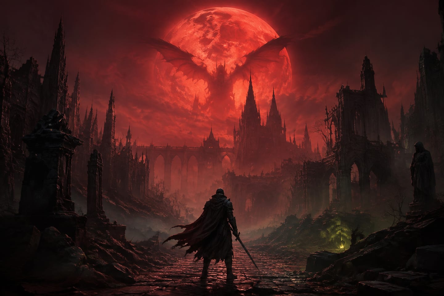 Original editorial artwork of a ruined gothic city beneath a crimson moon
