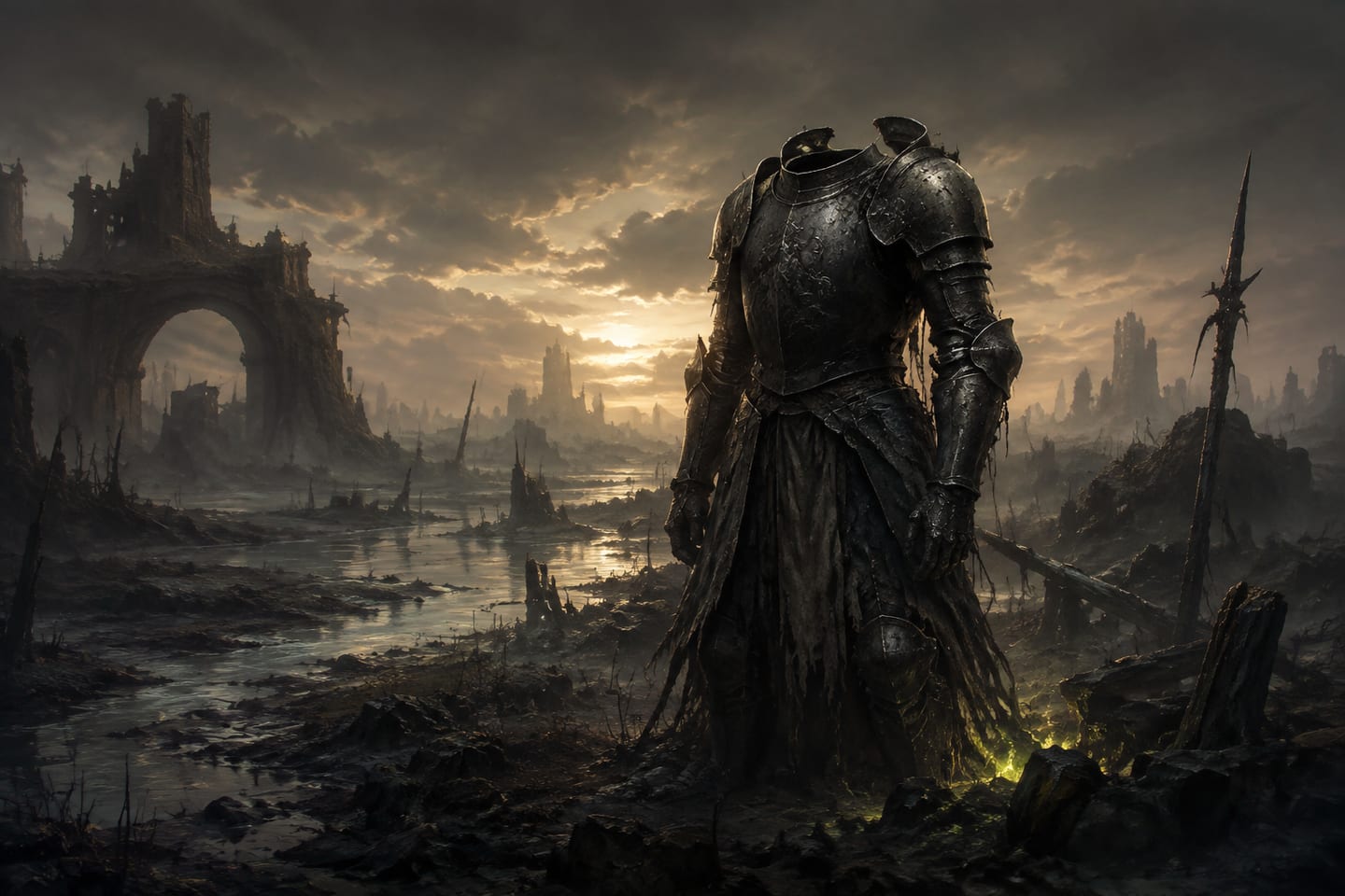 Original editorial artwork of a weathered empty suit of armor in a ruined marsh