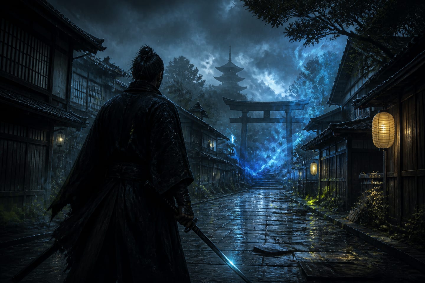 Original editorial artwork of an anonymous swordsman on a rain-soaked Edo-period street
