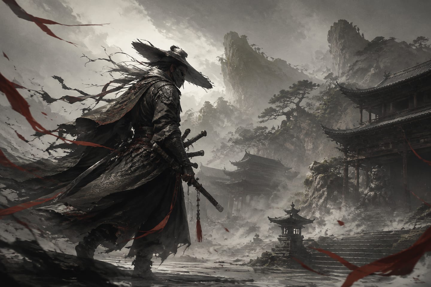 Original editorial artwork of an anonymous masked swordsman in a misty mountain temple